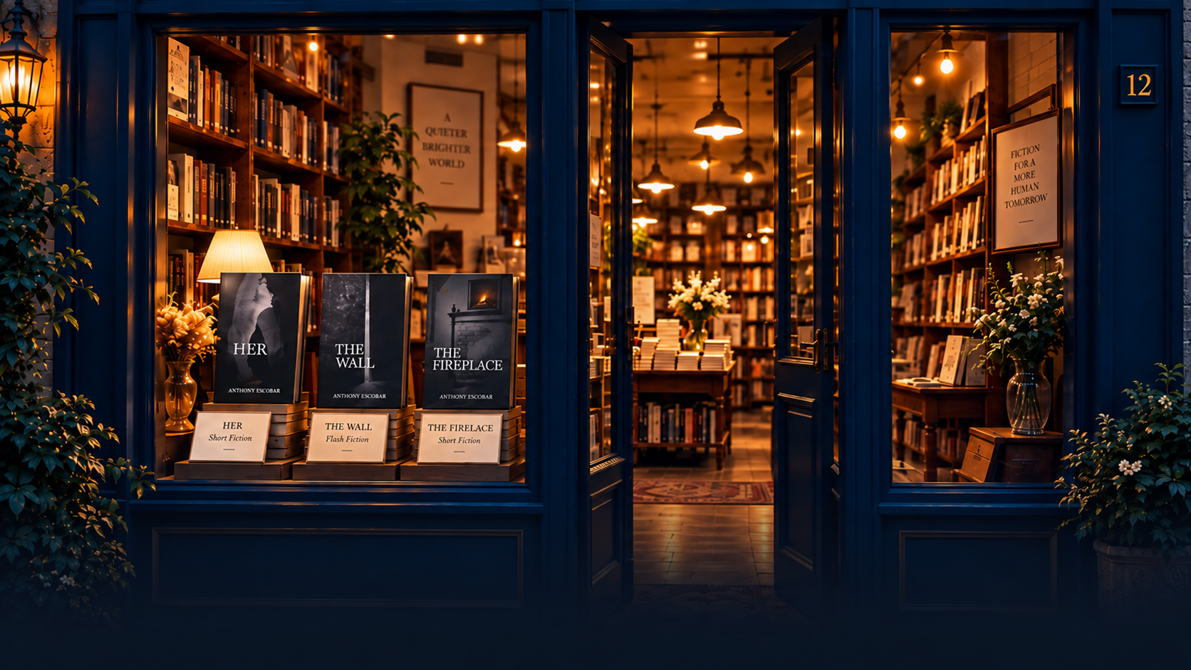 An open, warmly lit independent bookstore filled with books and literary magazines at dusk
