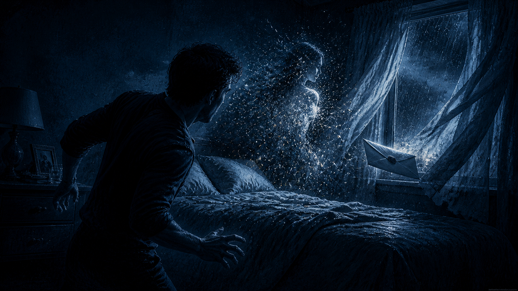 A man turns toward a fading memory in a storm-dark bedroom as an unopened letter hangs in the air.