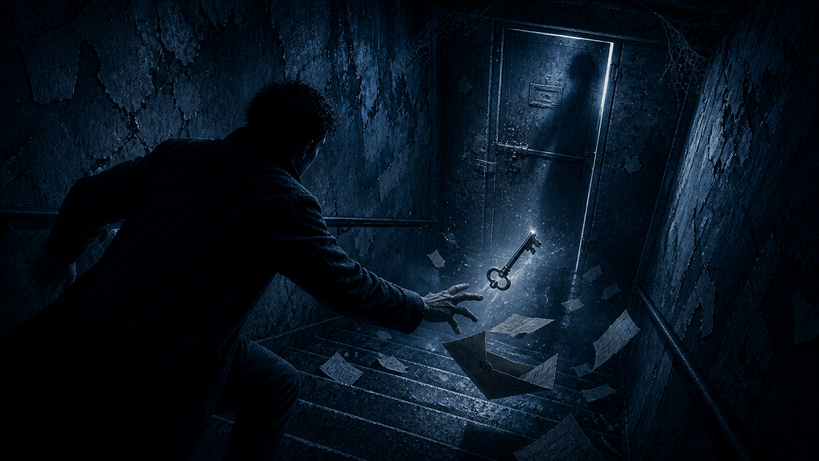 A figure reaches for a falling antique key on a dark stairwell before a locked steel door.